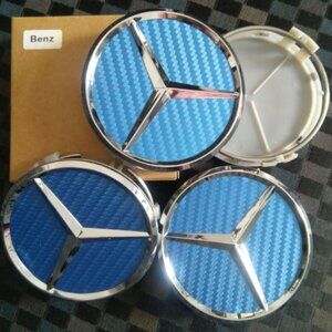 75MM/ 3 Inch 4 Blue Carbon Fiber WHEEL CENTER HUB CAPS EMBLEM FITS MERCED…